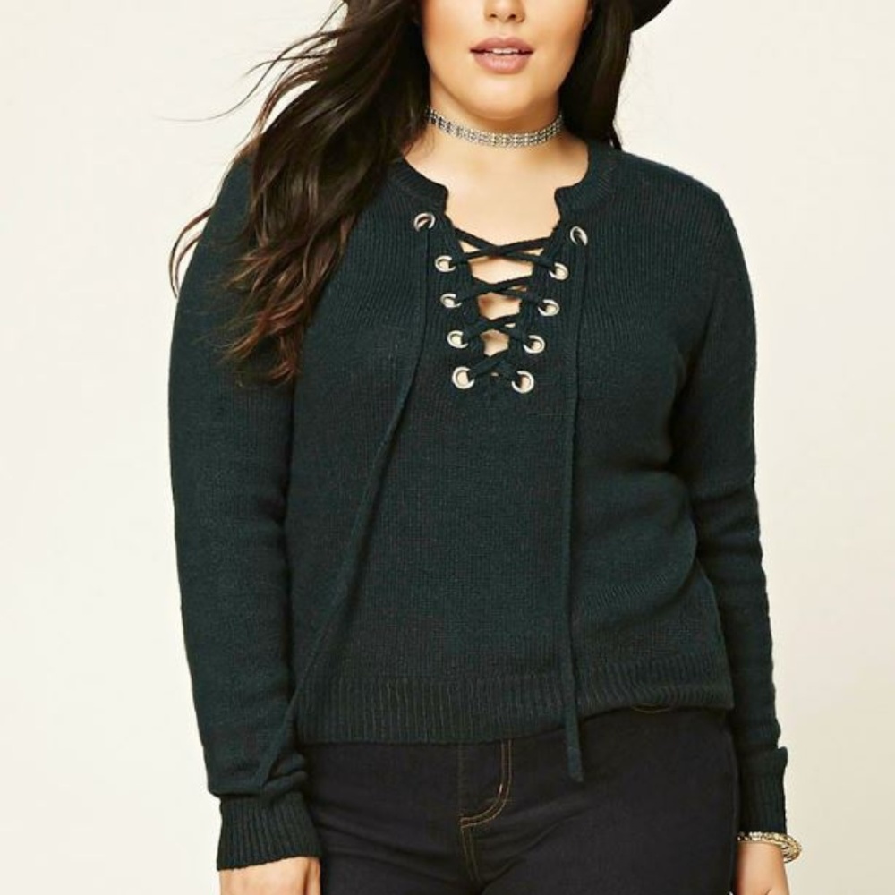 Forever 21 Plus Hunter Green Lace Up Sweater - 2X